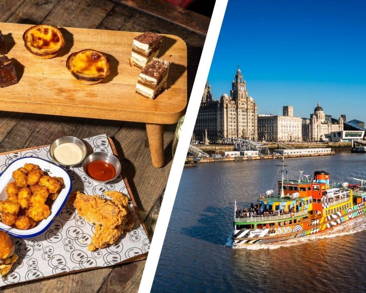 Split photo of an afternoon tea at revolution bars and a liverpool mersey ferries cruise