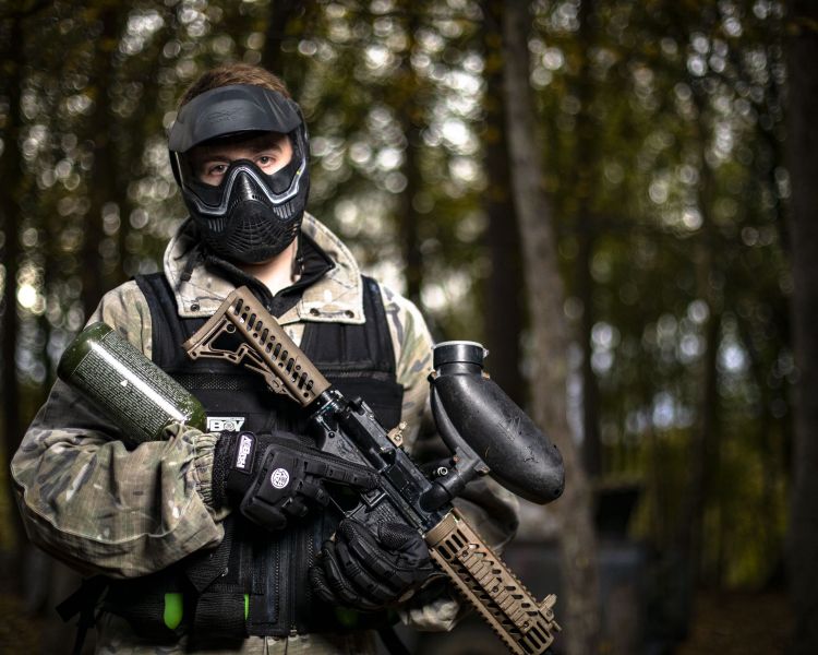 man in full paintball kit on paintball experience wolverhampton