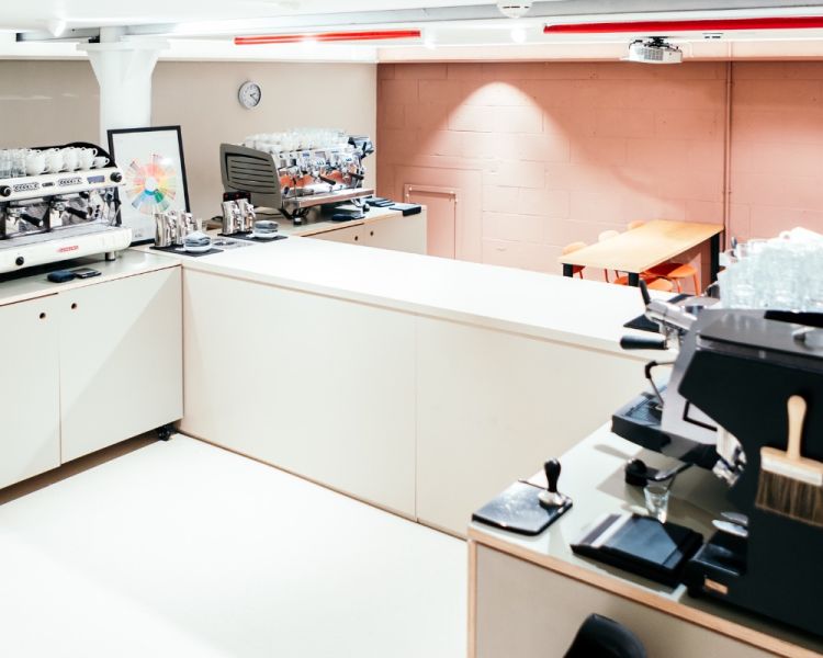 the coffee room with coffee machines used for barista and latte art wokshops in london