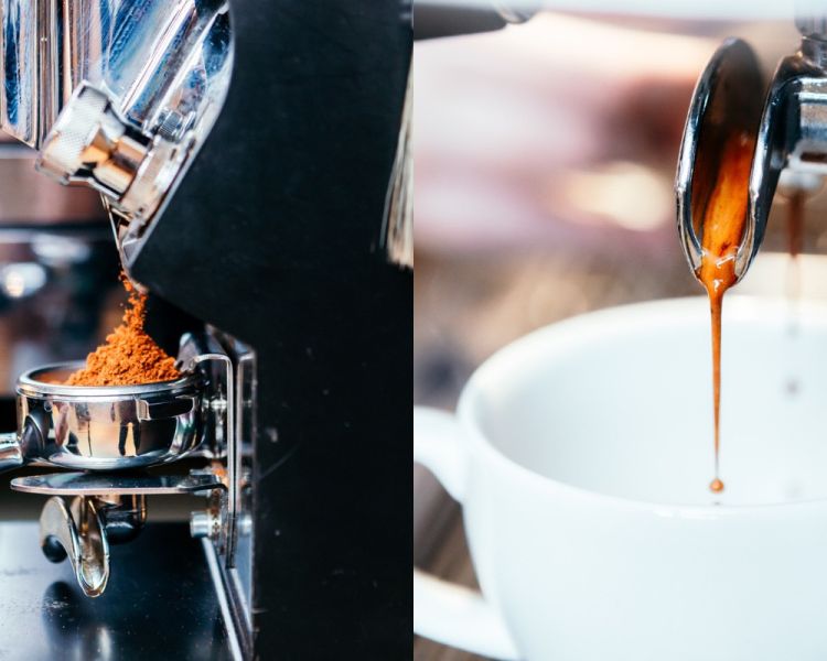 coffee pouring out of coffee machine on latte art workshop in london