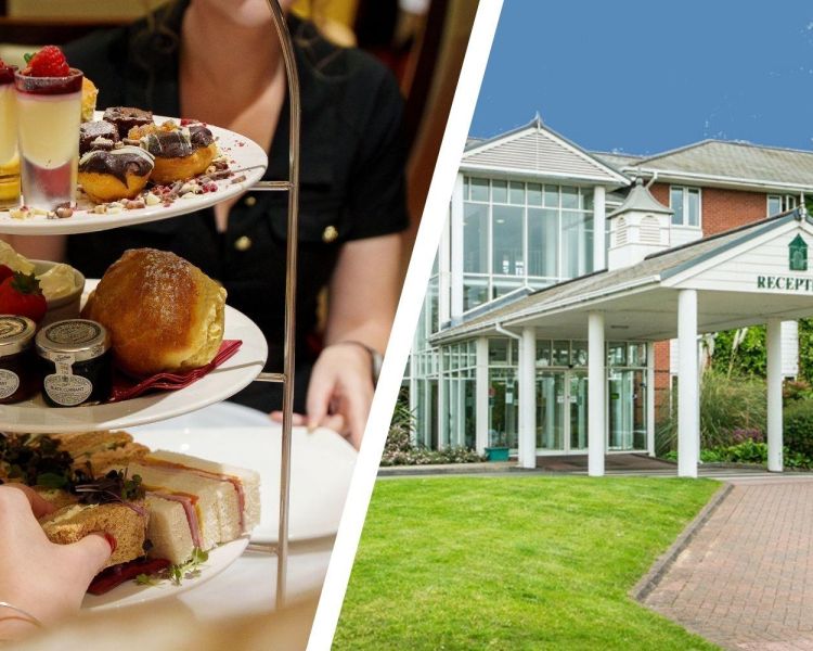 Split photo of of the front of arden hall hotel an afternoon tea cake stand
