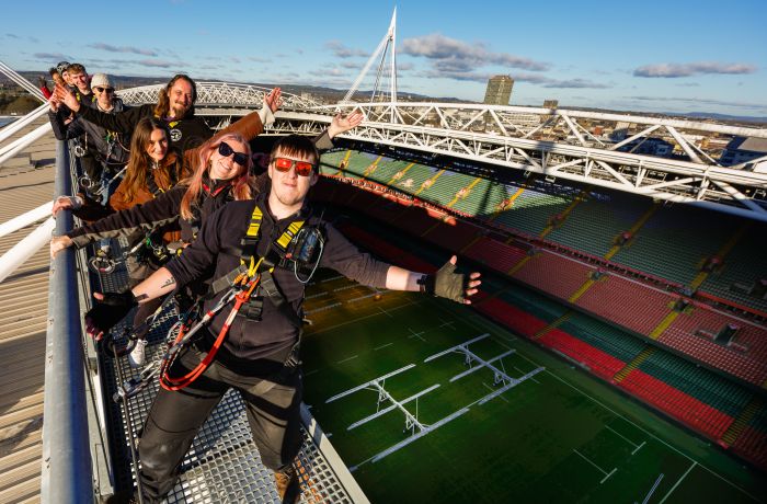 group at the top of the principality stadium on the zip world stadium walk in cardiff