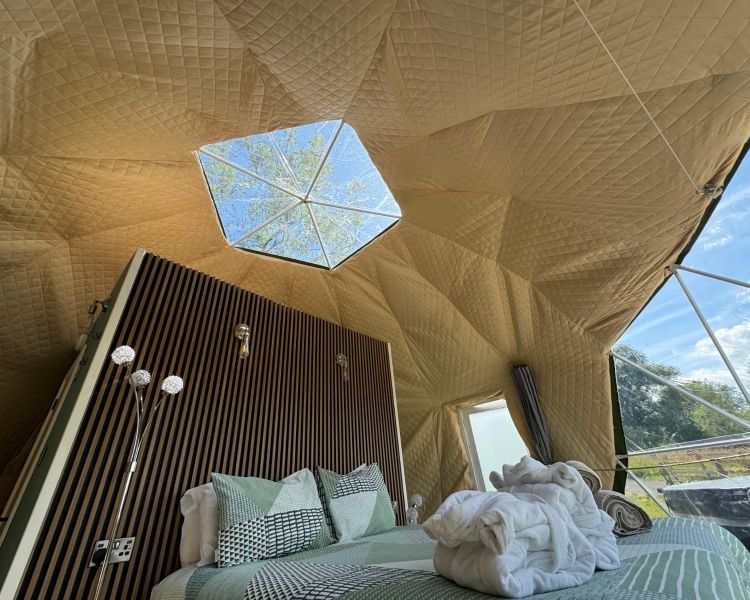 Geodome sky window view above bed