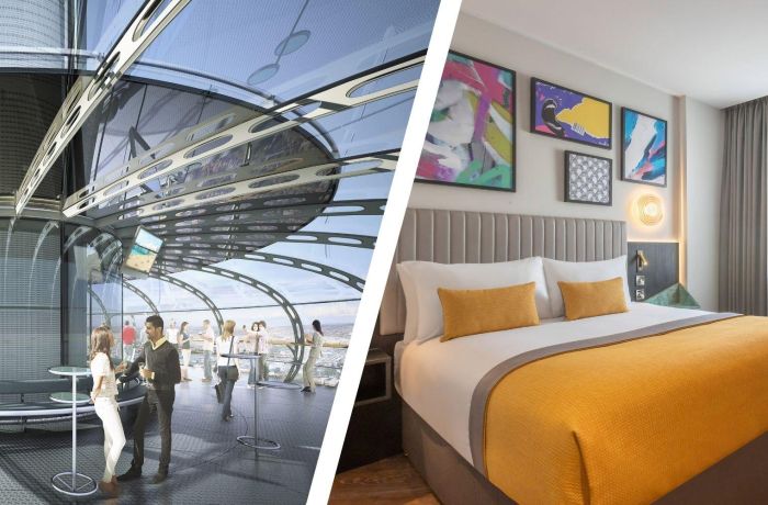 Split photo of the brighton i360 pod and a double room at the maldron hotel in brighton