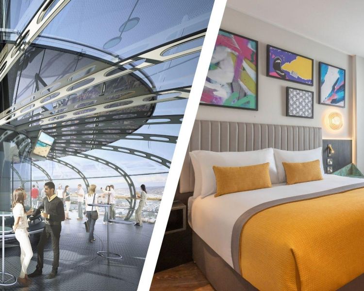 Split photo of the brighton i360 pod and a double room at the maldron hotel in brighton