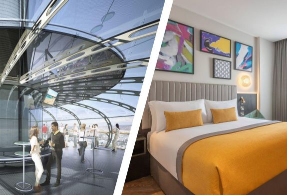 Split photo of the brighton i360 pod and a double room at the maldron hotel in brighton