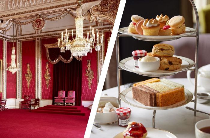 Split photo of the throne room at buckingham palace and afternoon tea at clermont charing cross