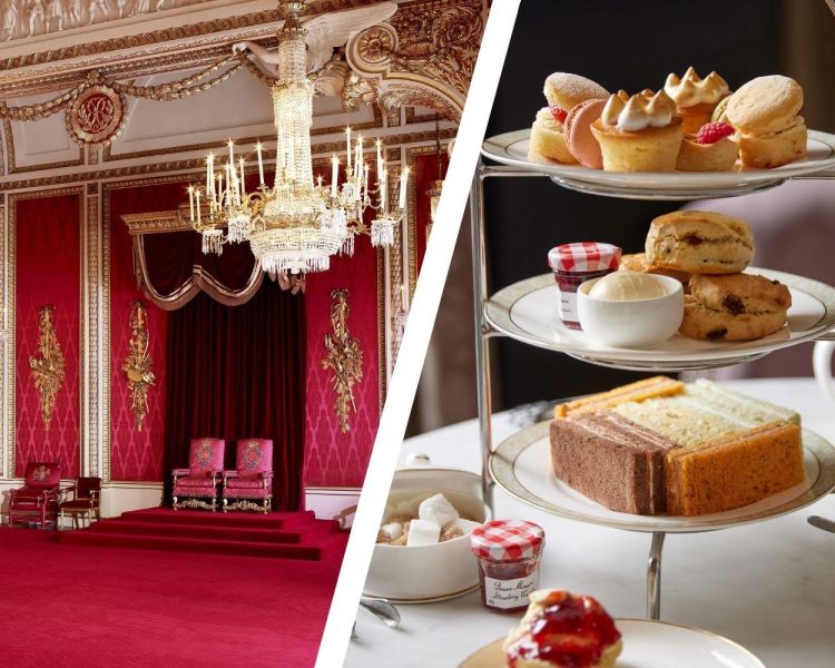 Split photo of the throne room at buckingham palace and afternoon tea at clermont charing cross