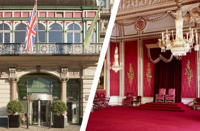 Split photo of the throne room at buckingham palace and the front of clermont charing cross