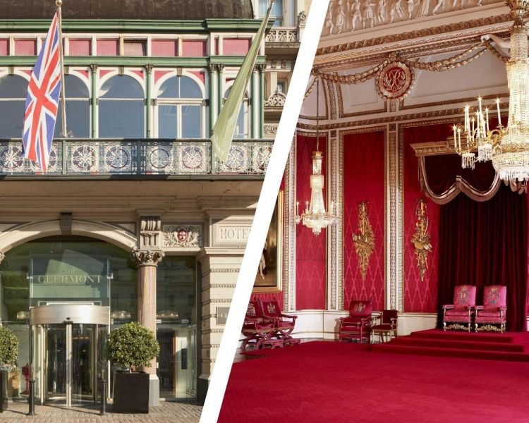 Split photo of the throne room at buckingham palace and the front of clermont charing cross