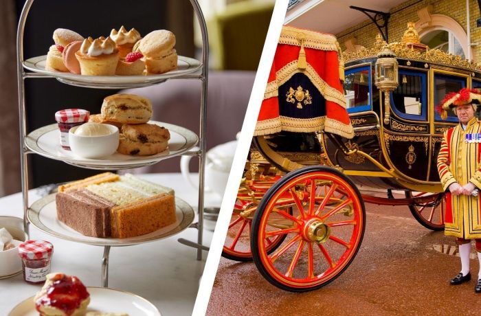 Split photo of a carriage at the royal mews and afternoon tea at clermont charing cross