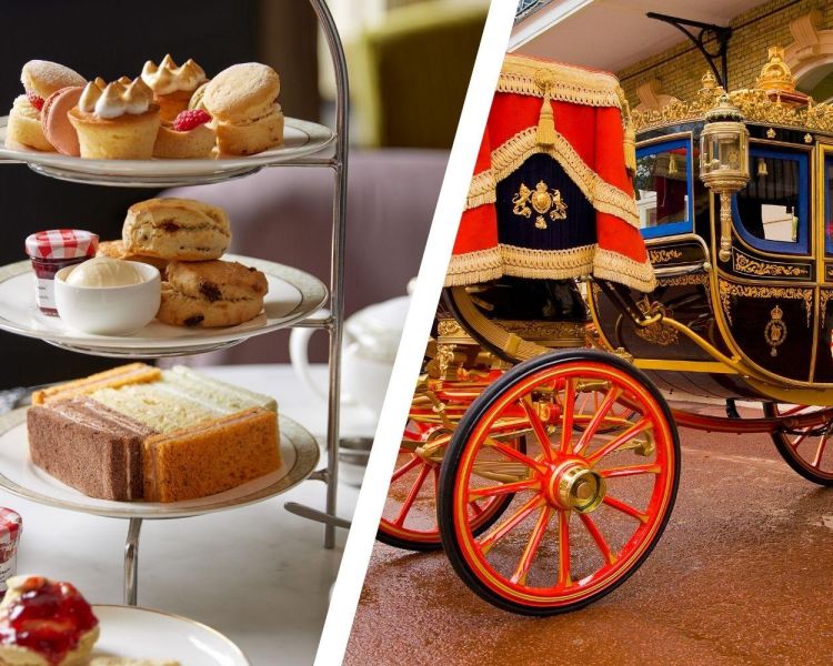 Split photo of a carriage at the royal mews and afternoon tea at clermont charing cross