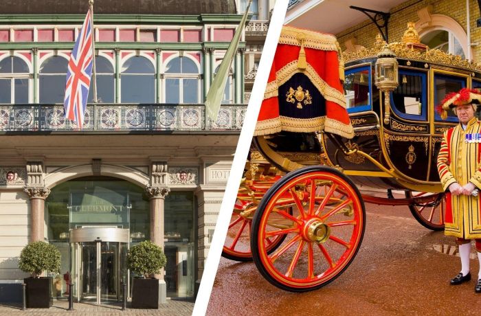 Split photo of a carriage at the royal mews and the front of clermont charing cross
