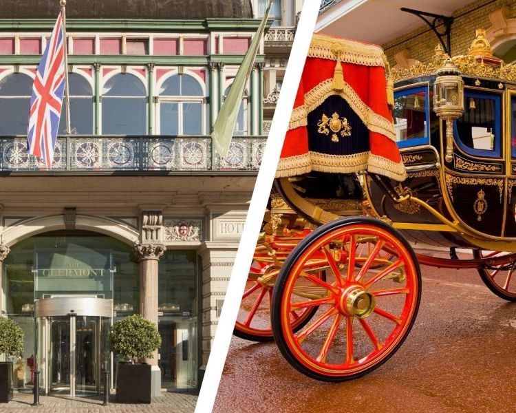 Split photo of a carriage at the royal mews and the front of clermont charing cross