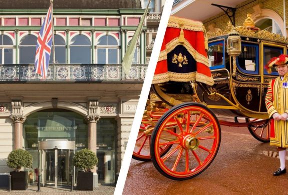 Split photo of a carriage at the royal mews and the front of clermont charing cross