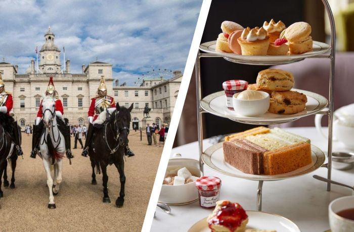 Split photo of the royal household cavalry and afternoon tea at the clermont charing cross hotel