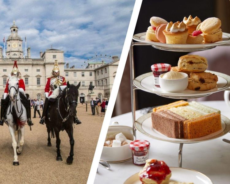 Split photo of the royal household cavalry and afternoon tea at the clermont charing cross hotel
