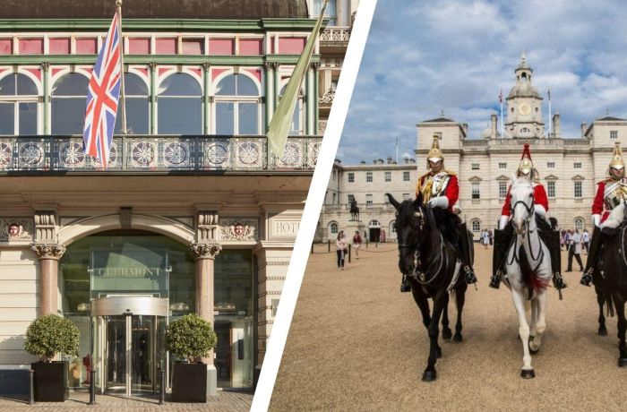 Split photo of the royal household cavalry and the front of clermont charing cross