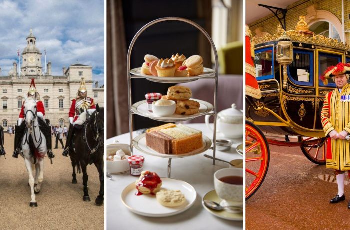 Split photo showing the royal household cavalry royal mews and afternoon tea at clermont charing cross hotel