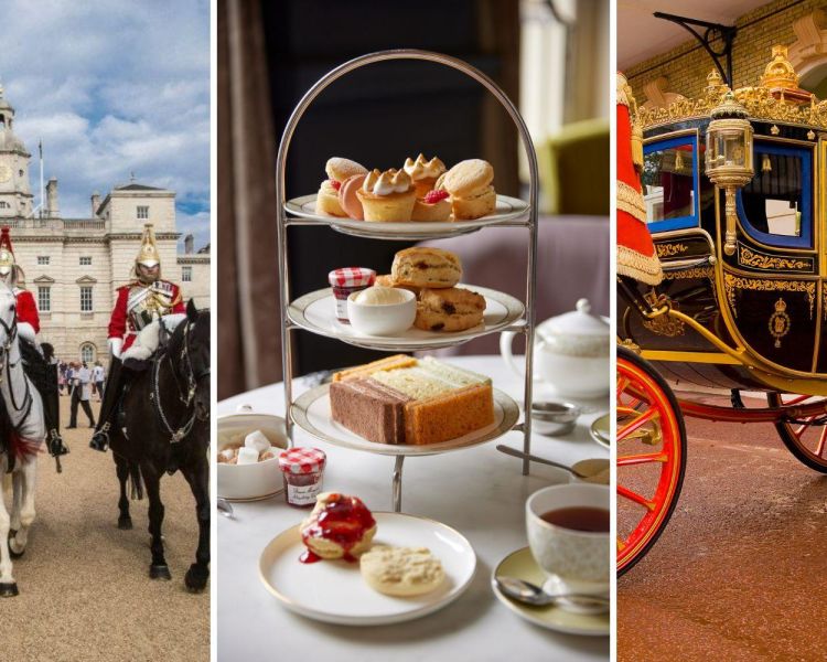 Split photo showing the royal household cavalry royal mews and afternoon tea at clermont charing cross hotel