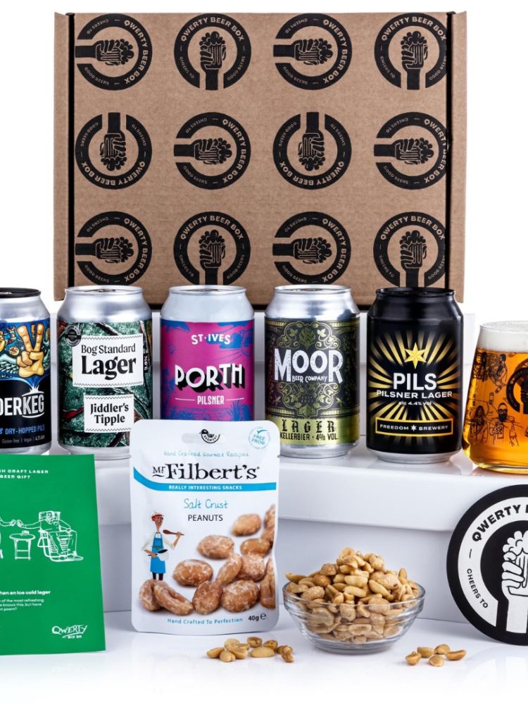 Close up of five cans of lager in qwerty gift box