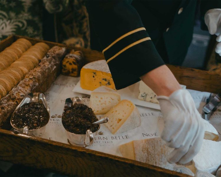 cheese board served on the northern belle luxury train