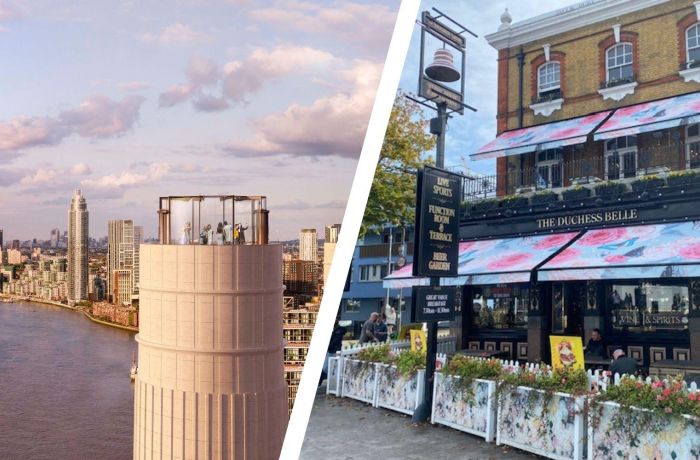 Split photo of the top of the chimney lift and the duchess belle pub in london