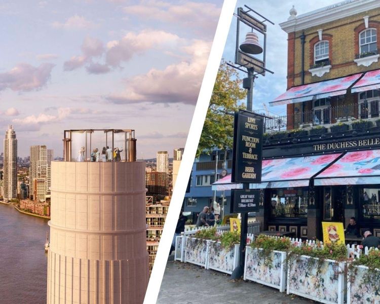 Split photo of the top of the chimney lift and the duchess belle pub in london