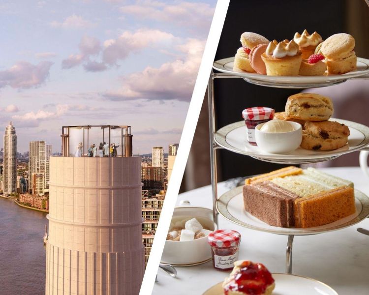 Split photo of the top of the chimney lift and an afternoon tea at clermont charing cross in london