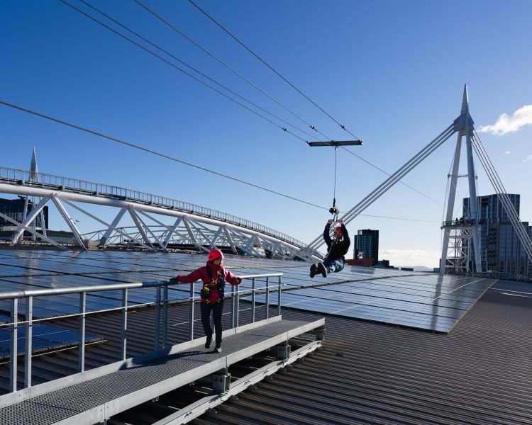 Zip line over roof of principality stadium at zip world cardiff