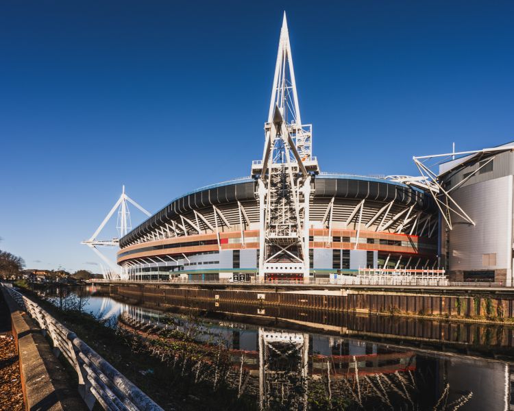 Principality stadium by canal in cardiff