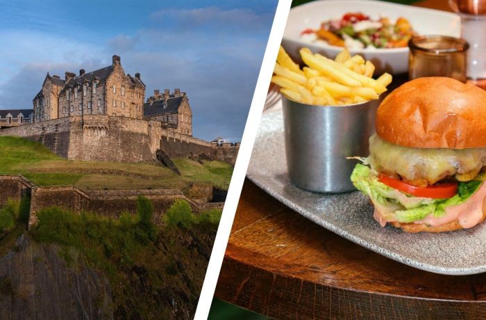 Split photo of edinburgh castle and a steak burger at rabble restaurant