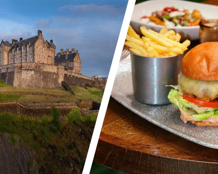Split photo of edinburgh castle and a steak burger at rabble restaurant