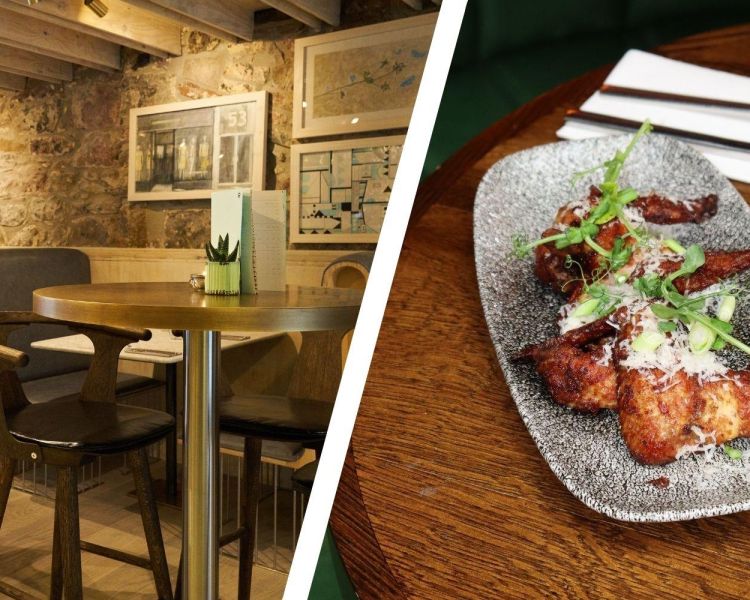 Split photo of dining area and a steak burger at rabble restaurant
