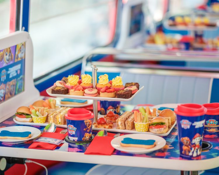 Afternoon tea spread on paw patrol bus tour london