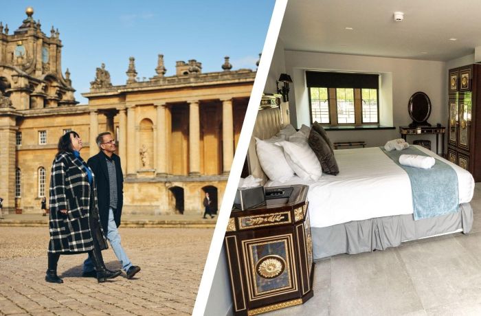 Split photo of couple at blenheim palce and room at weston manor hotel