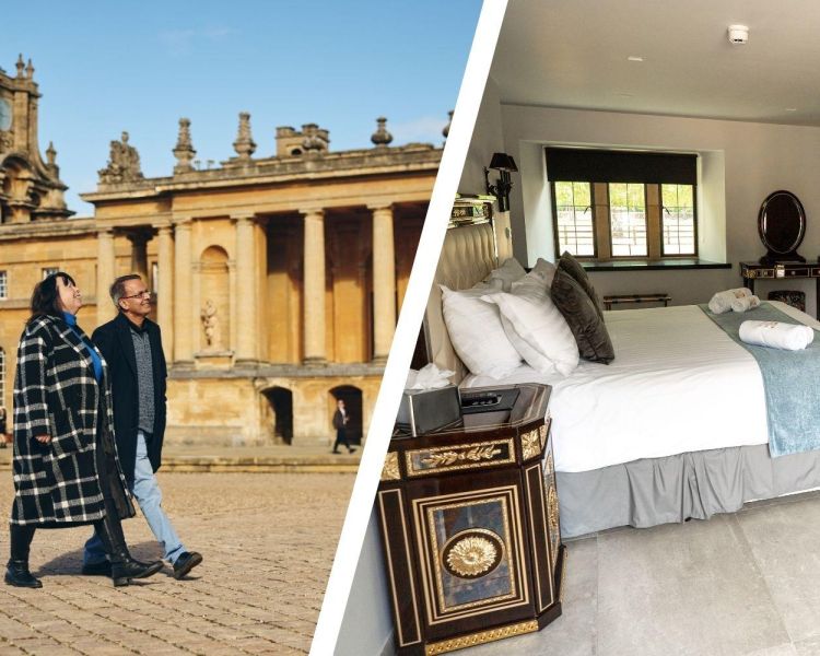 Split photo of couple at blenheim palce and room at weston manor hotel