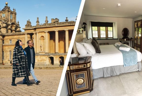 Split photo of couple at blenheim palce and room at weston manor hotel