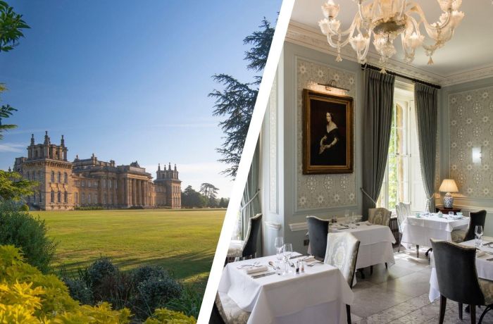 Split photo of blenheim palace and dining room at weston manor hotel