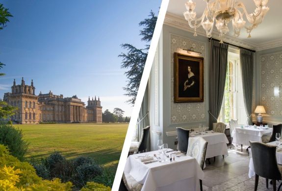 Split photo of blenheim palace and dining room at weston manor hotel