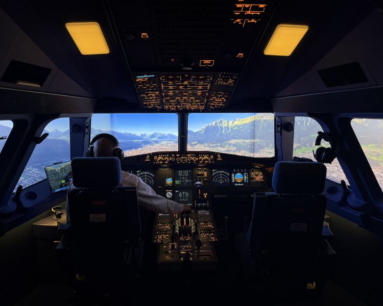 Pilot in flight simulator looking out at mountains
