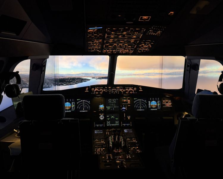Flight simulator looking out at coastal sunset