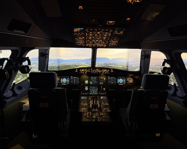 Flight simulator looking out at sunny mountains
