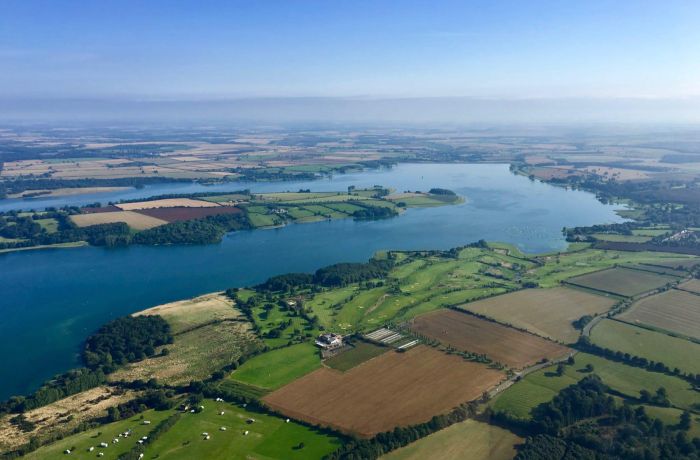 rutland water seen from the sky on a helicopter ride