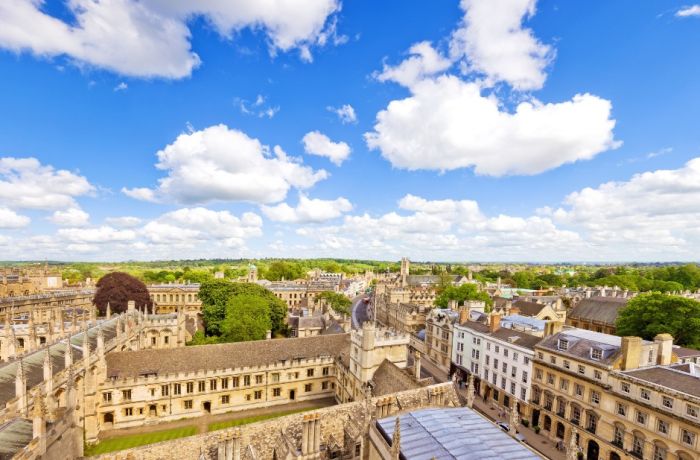 the oxford city skyline seen from a helicopter ride