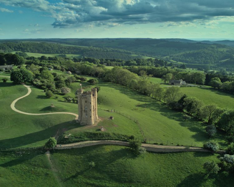 cotswolds countryside of rolling hills seen from above on a helicopter ride