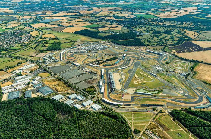 the silverstone race circuit in oxfordshire seen from above on a helicopter ride
