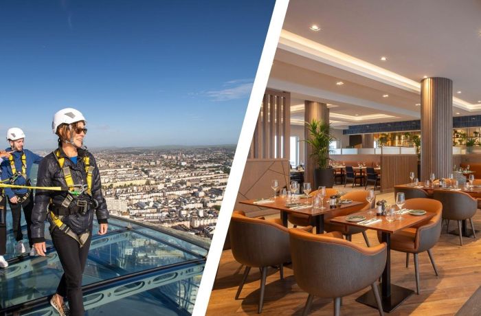 Split photo of people on i360 sky walk and the restaurant at maldron hotel in brighton