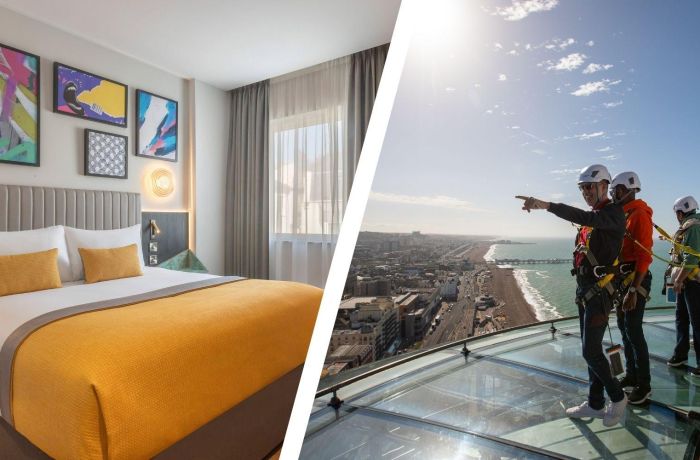 Split photo of people on i360 sky walk and double room at maldron hotel in brighton