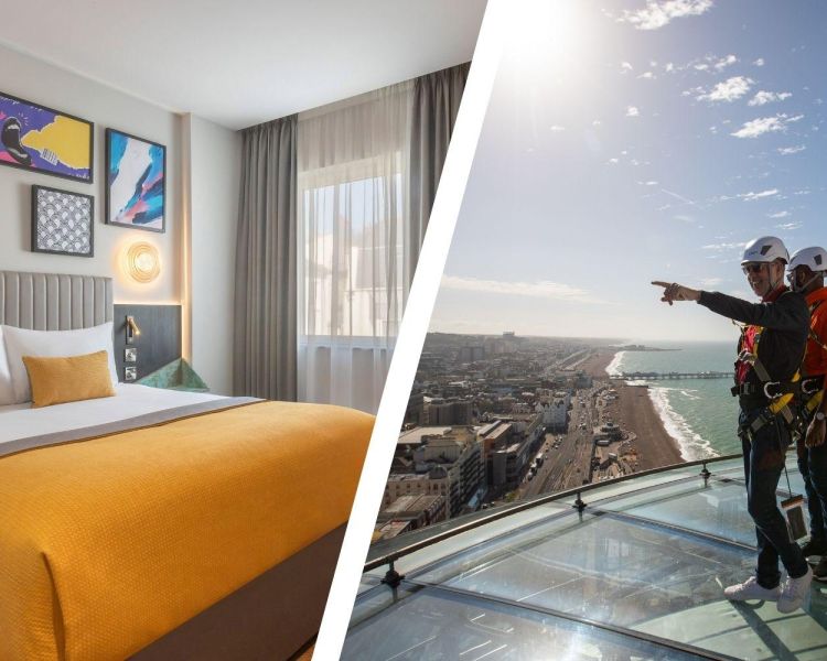 Split photo of people on i360 sky walk and double room at maldron hotel in brighton